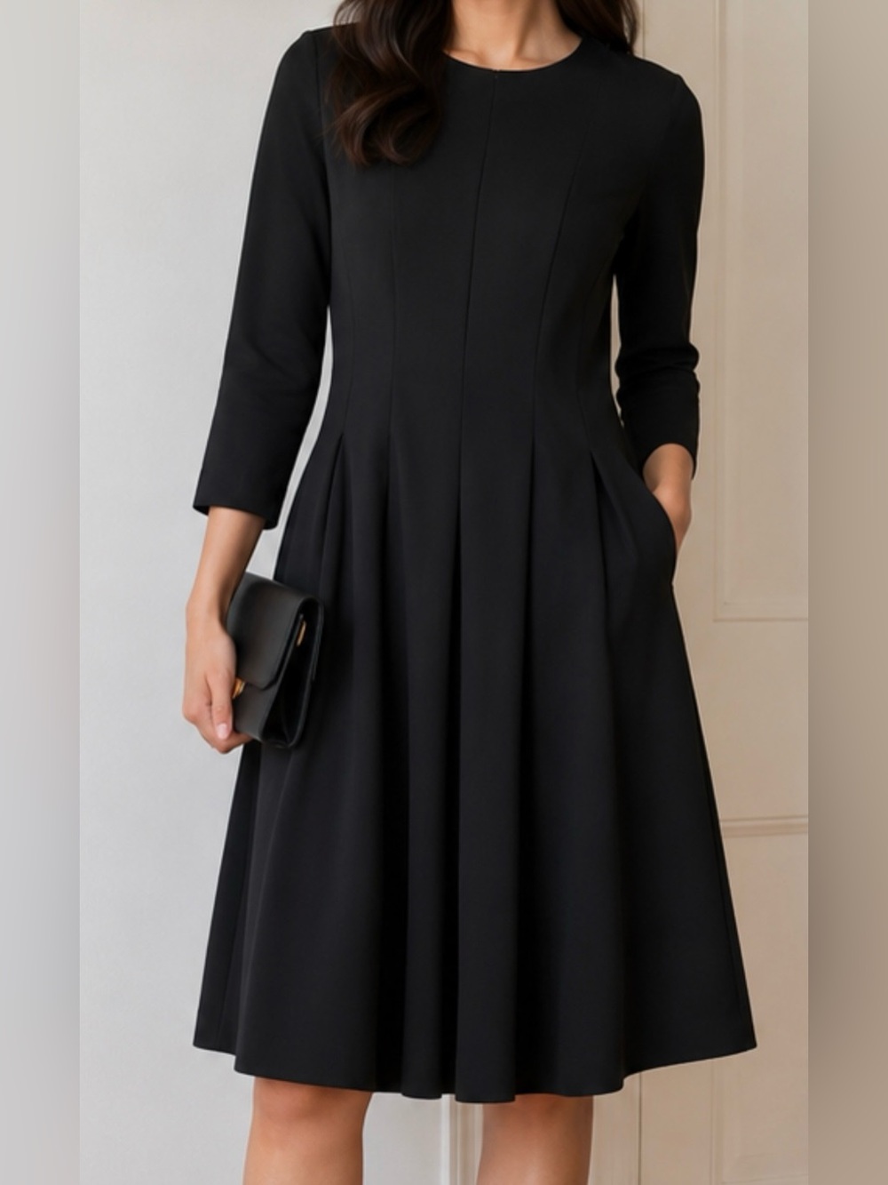 Classy, Elegant Black Long Sleeves Dress with Pleated Skirt, Pockets